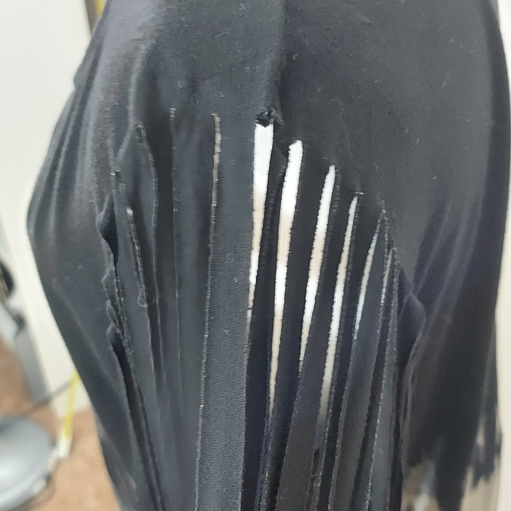 WetSeal Women's Black Tie Dye Bleached Shirt with Fun Fringe Cut Sleeves - Picture 12 of 15
